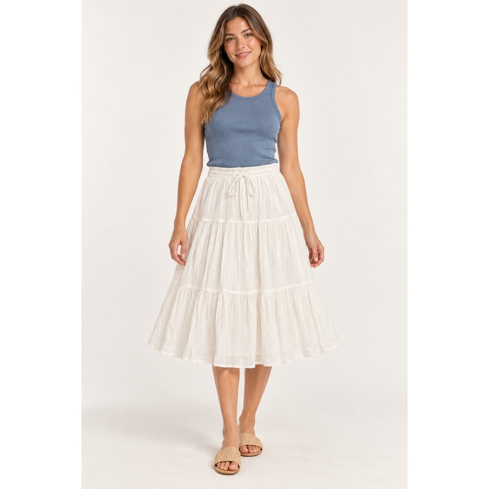 Mi Ami White Tiered Cotton Midi Skirt Boho Cottagecore Coquette Medium WS30699